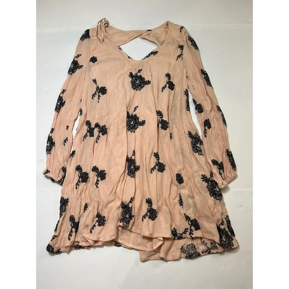 Free People Embroidered Mini Dress Womens XS Peach Black Floral Boho Festival